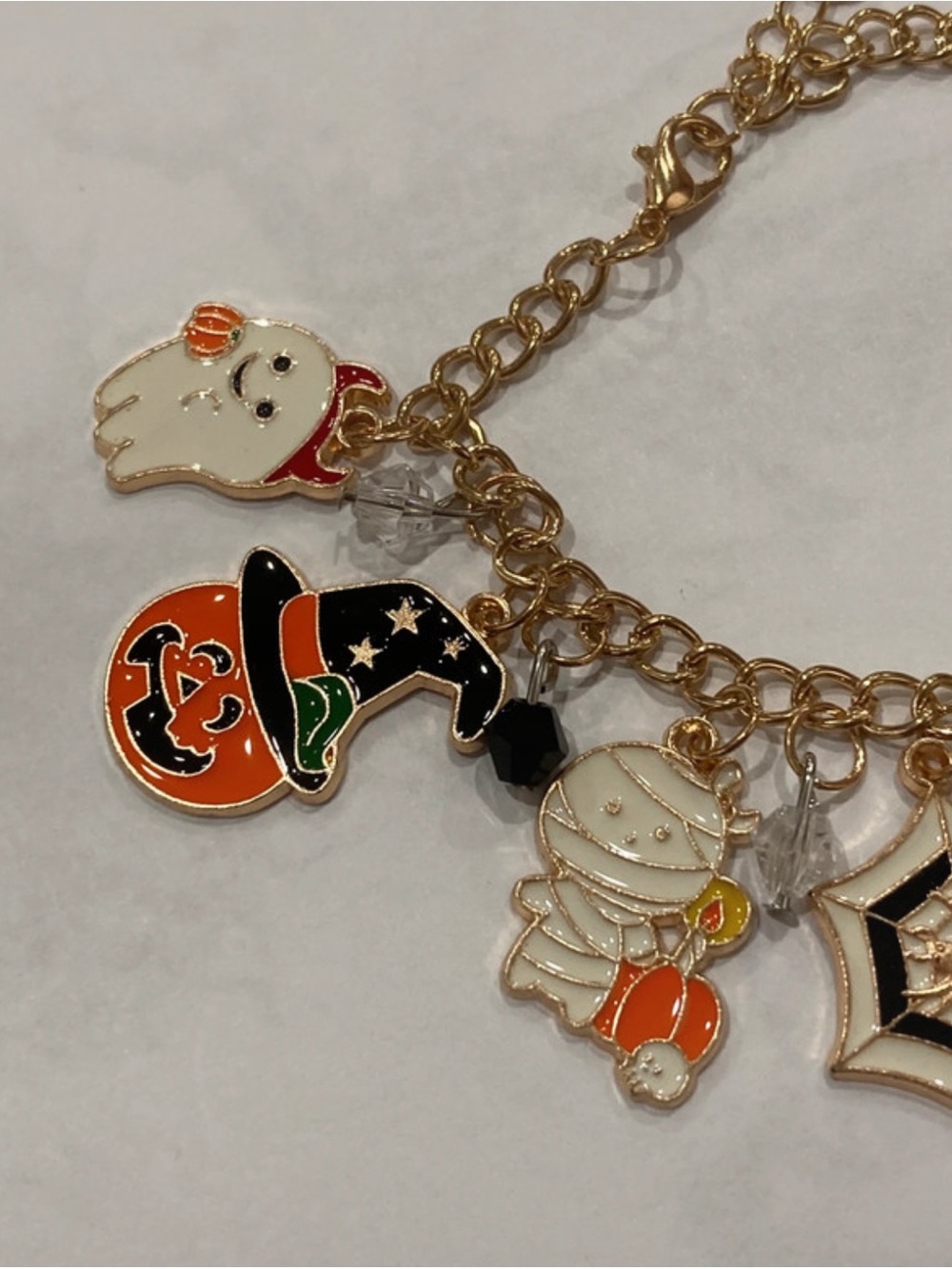 Halloween Pumpkin Ghost Bat Witch Skeleton Gold Tone Charm Bracelet - Picture 4 of 6